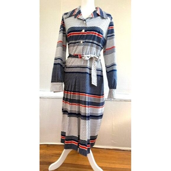 Vintage Alta Costura Long-Sleeve Striped Pattern Collared Midi Dress With Belt - Picture 3 of 10
